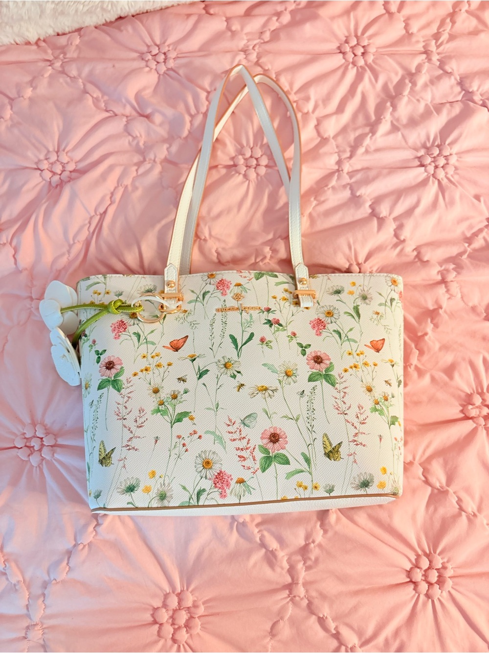 White Floral Tote Bag with Butterfly Accents